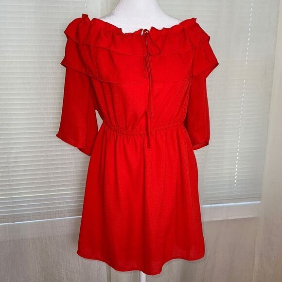 Jack by BB Dakota M Vibrant Poppy Red On or Off Shoulder Ruffle Mini Dress - Picture 5 of 16